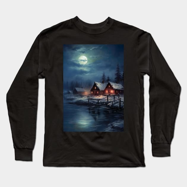 Beautiful Landscape of winter lake in mountain valley - cozy nights in blue skies Long Sleeve T-Shirt by UmagineArts